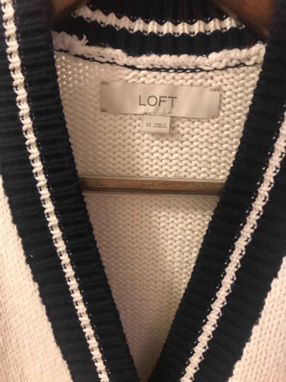 LOFT Cream Cardigan Tennis Sweater with Black Trim and Front Pockets - Picture 2 of 6